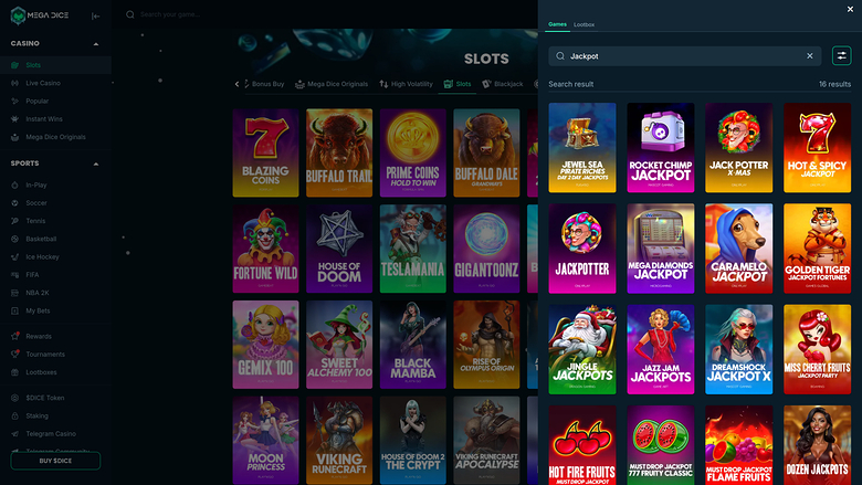 Jackpot du casino Mega Dice sur ordinateur