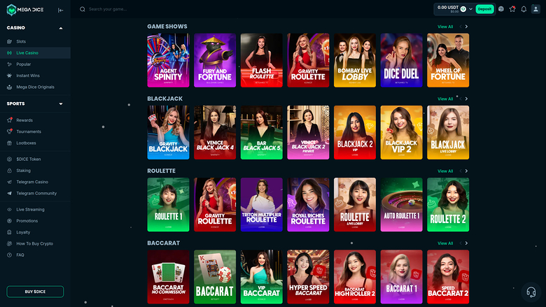 Mega Dice Casino sur ordinateur avec croupier en direct