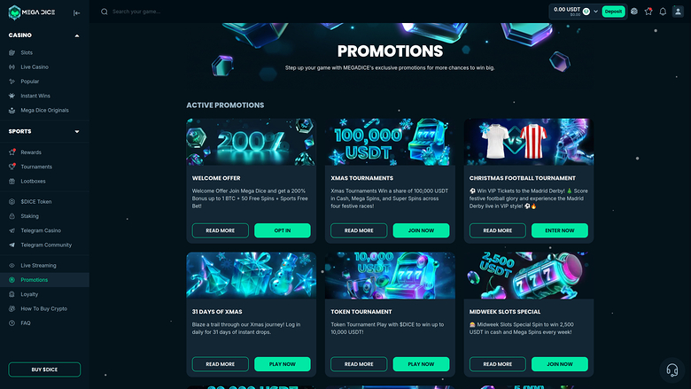 Promotions pour ordinateur de bureau du casino Mega Dice