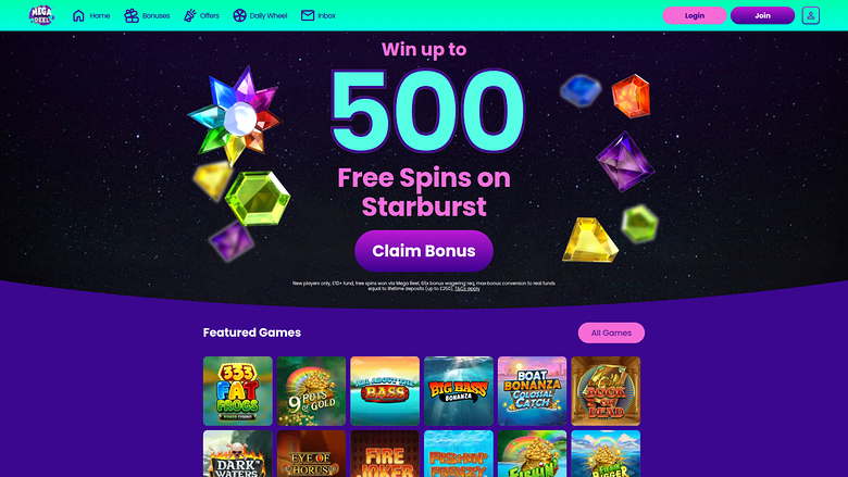 Page d'accueil du casino Mega Reel (ordinateur)