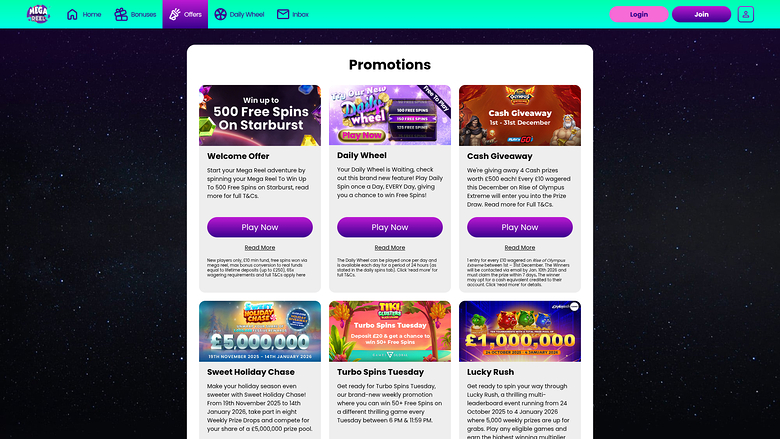 Promotions pour ordinateur de bureau du casino Mega Reel