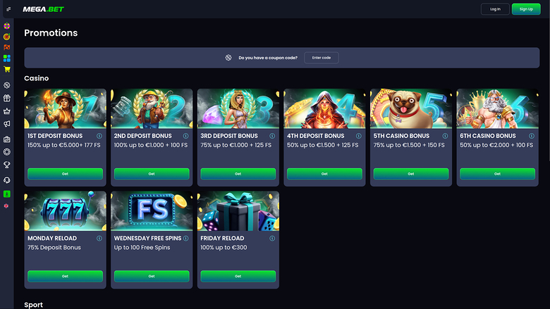 Promotions pour ordinateur de bureau du casino Mega.bet