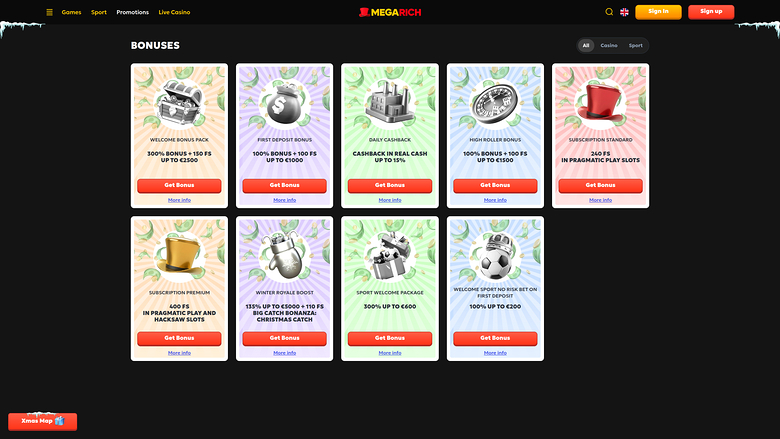 Megarich Casino Desktop-Aktionen