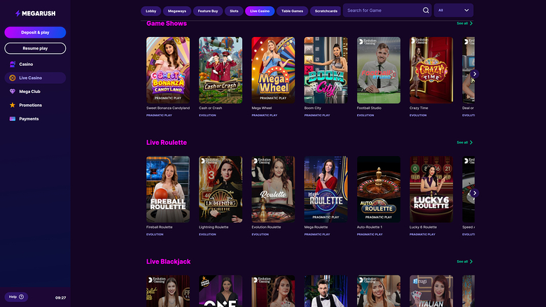 Casino MegaRush sur ordinateur avec croupier en direct