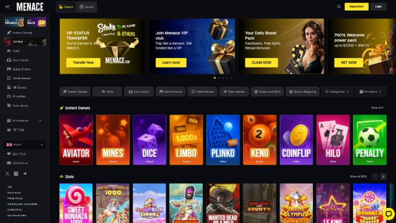 Homepage di Menace Casino Desktop