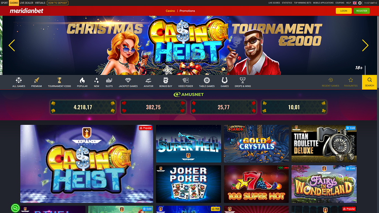 Page d'accueil du casino Meridian Bet (ordinateur de bureau)