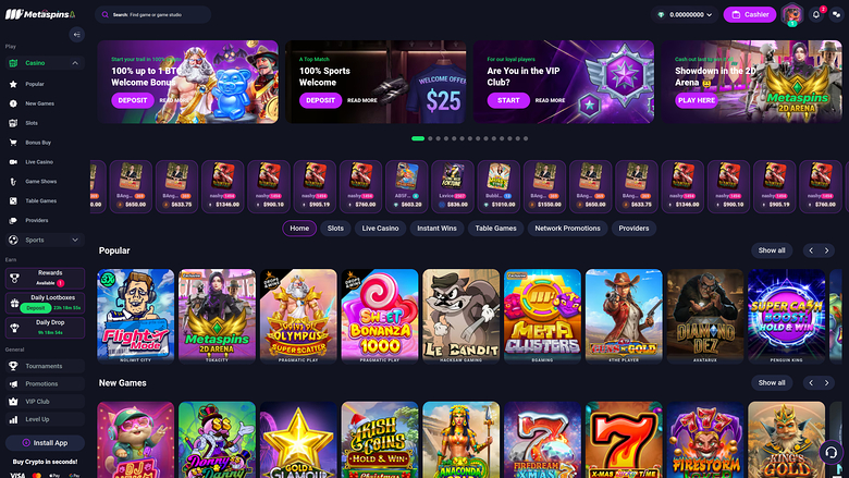 Metaspins Casino Desktop Homepage