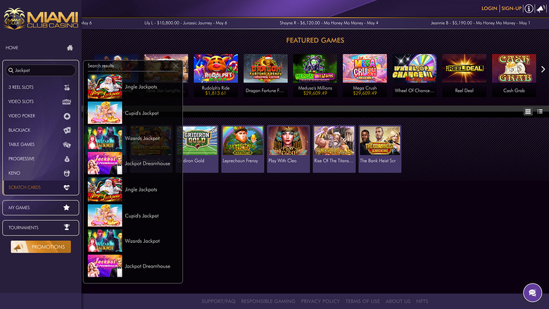 Jackpot du casino Miami Club sur ordinateur