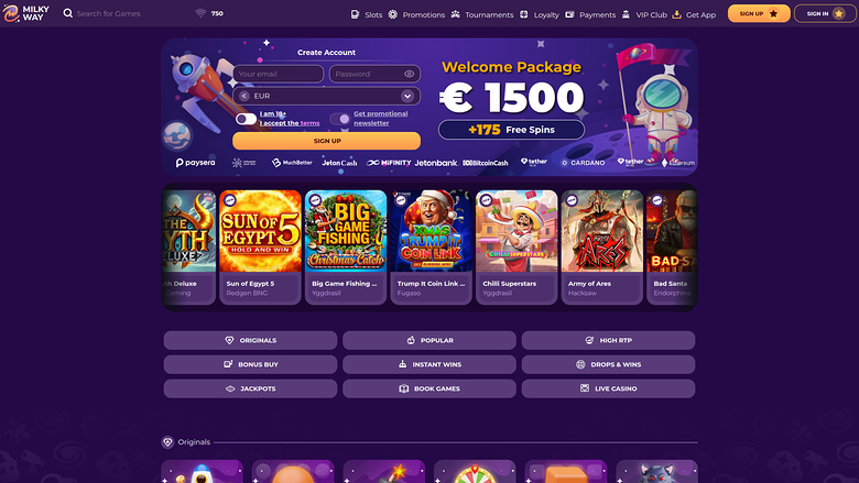 Page d'accueil du casino MilkyWay pour ordinateur