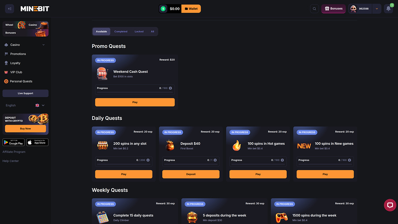 Quêtes personnelles de bureau au casino Minebit