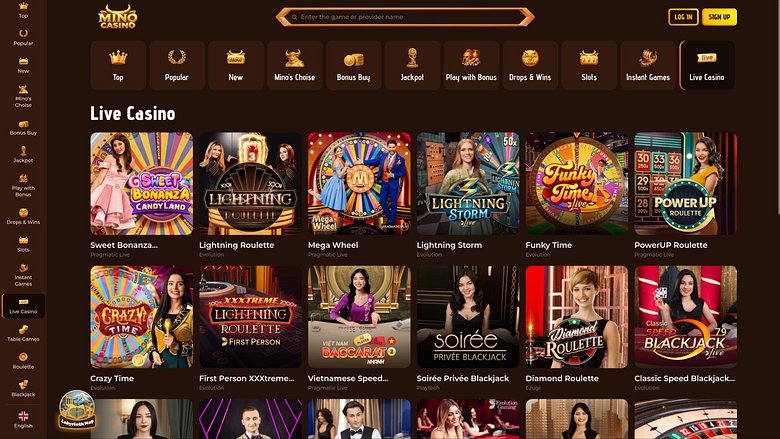 Página de crupier en vivo de Mino Casino