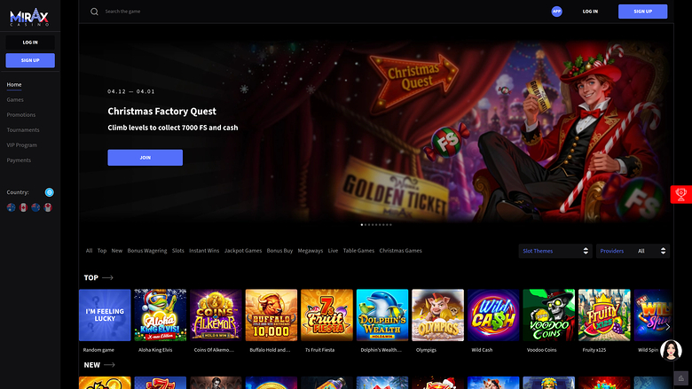 Page d'accueil du casino Mirax pour ordinateur