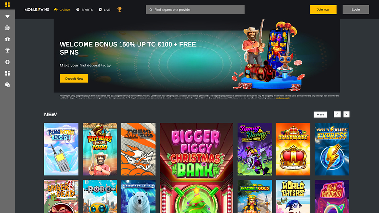MobileWins Casino Desktop Homepage