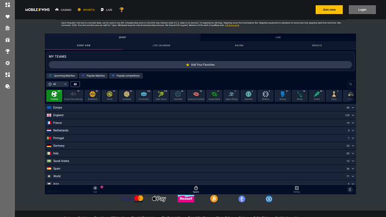 MobileWins Casino Desktop Sportsbook