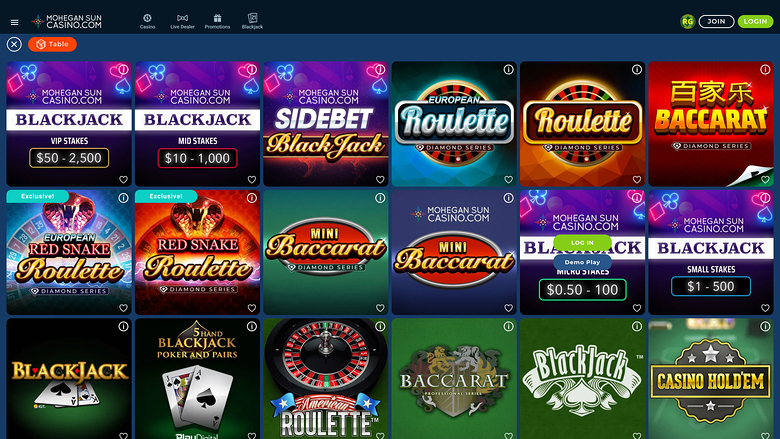 Jeux de table sur ordinateur du casino Mohegan Sun