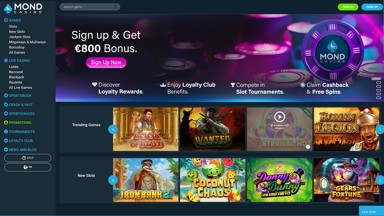 Page d'accueil du casino Mond pour ordinateur