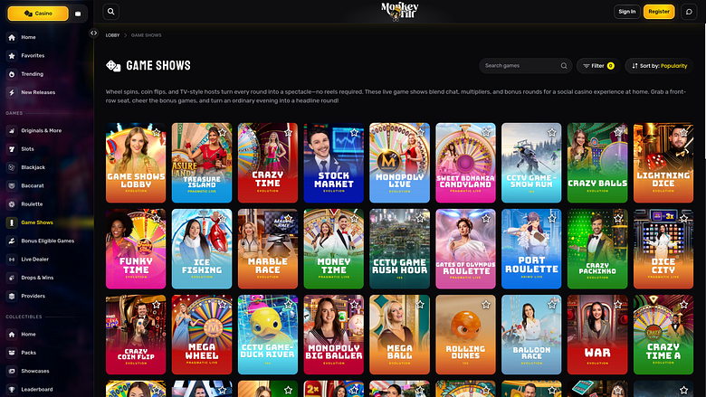 Monkey Tilt Casino Десктоп Игровые шоу
