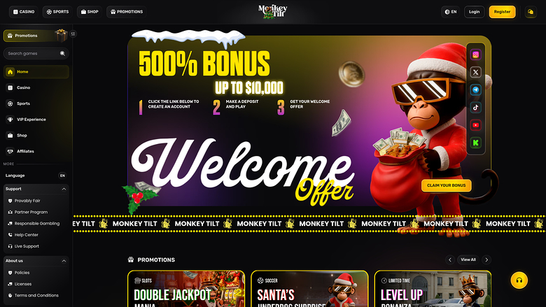 Page d'accueil du casino Monkey Tilt pour ordinateur