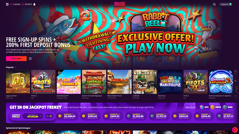 Page d'accueil du casino Monsino pour ordinateur