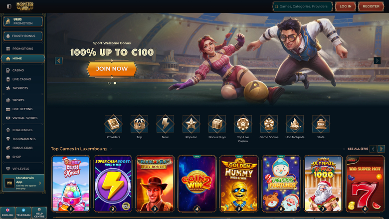 Page d'accueil du casino Monster Win (ordinateur de bureau)