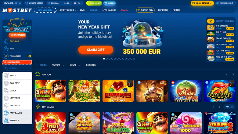 Página de inicio de Mostbet Casino para escritorio