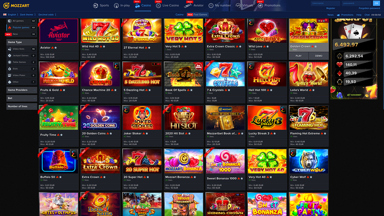 Jeux de casino Mozzart sur ordinateur