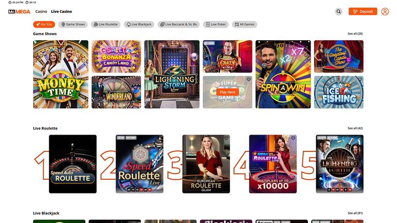 Mr Mega Casino sur ordinateur avec croupier en direct