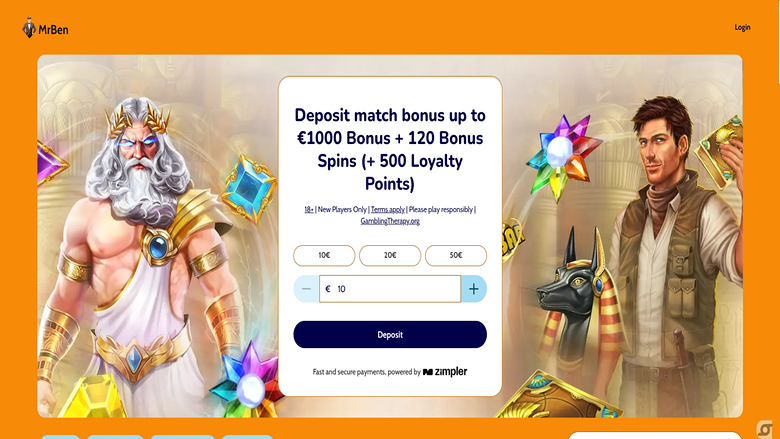 Screenshot der Homepage von MrBen Casino für Desktop-PCs