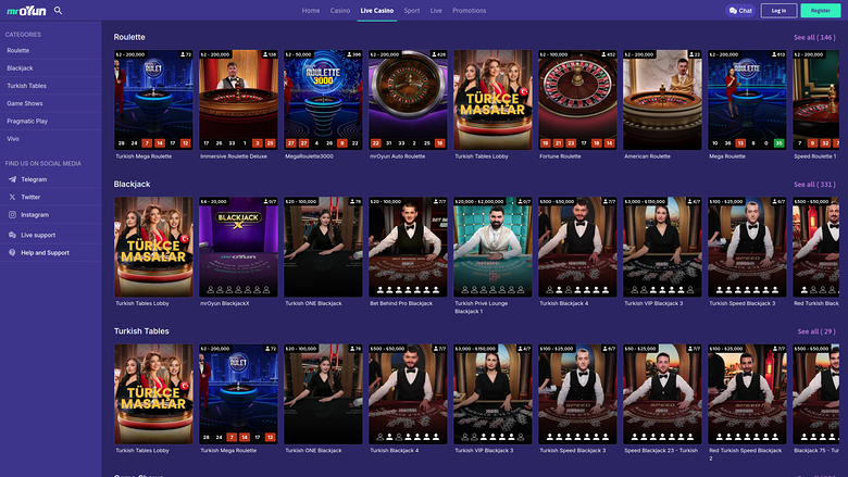 Casino MrOyun pour ordinateur avec croupier en direct