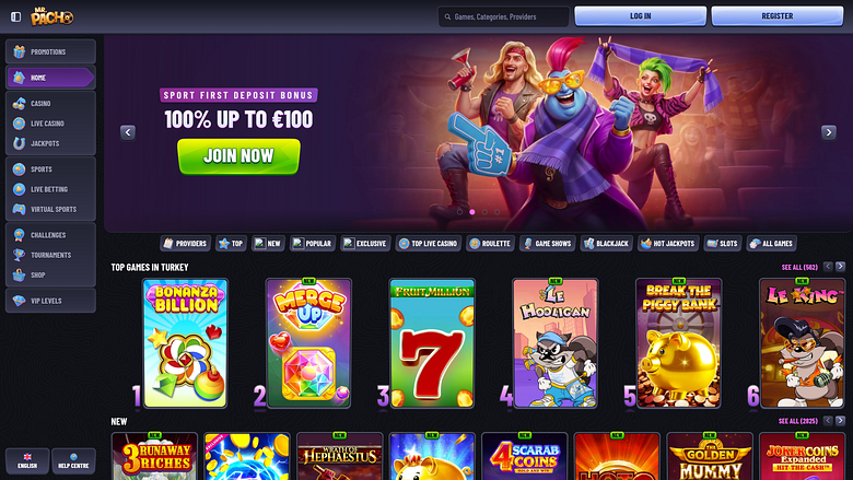 Page d'accueil du casino MrPacho pour ordinateur