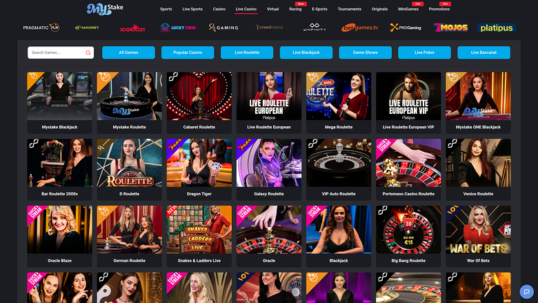 MyStake Casino sur ordinateur avec croupier en direct