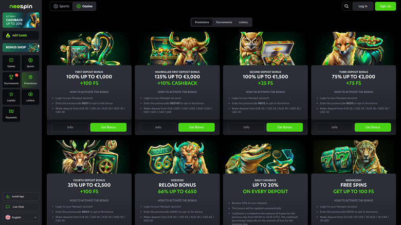 Promociones de escritorio del casino Neospin