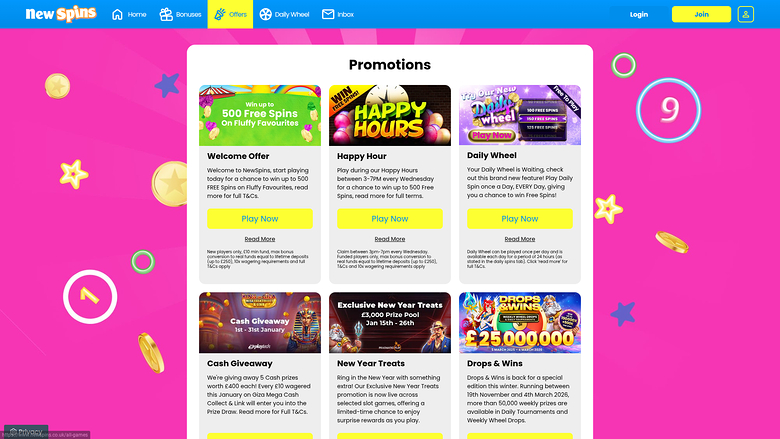 Promotions pour ordinateur de bureau du casino New Spins