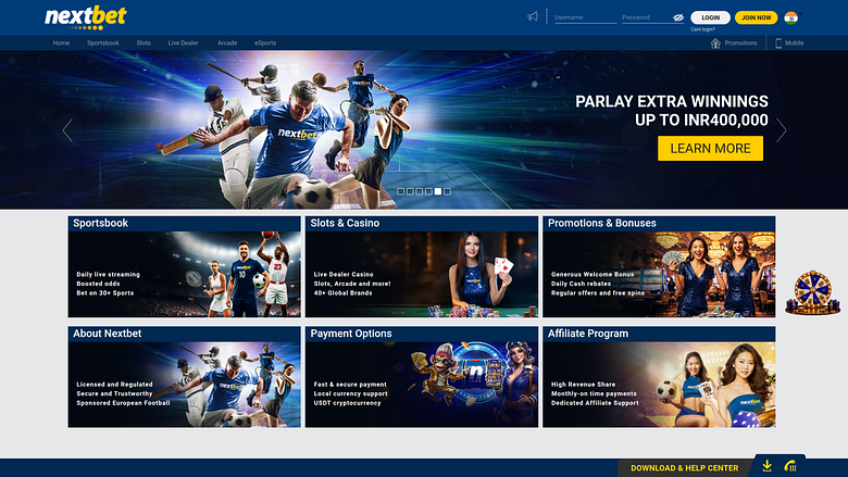 Page d'accueil du casino NextBet version ordinateur
