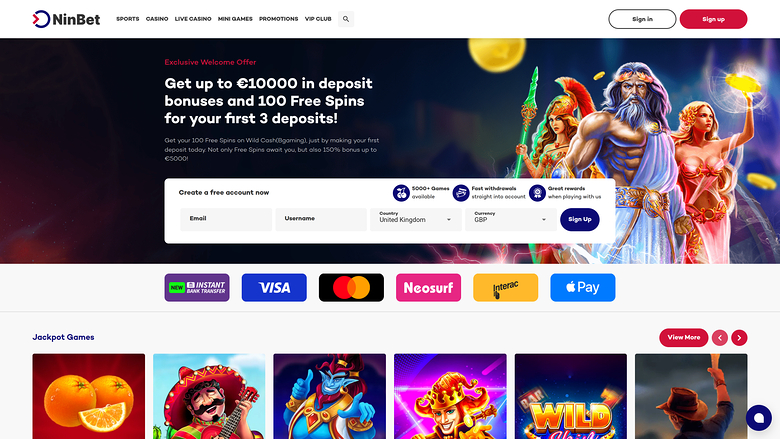 Ninbet Casino Desktop Homepage