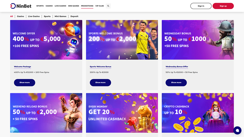 Ninbet Casino Desktop Promotions