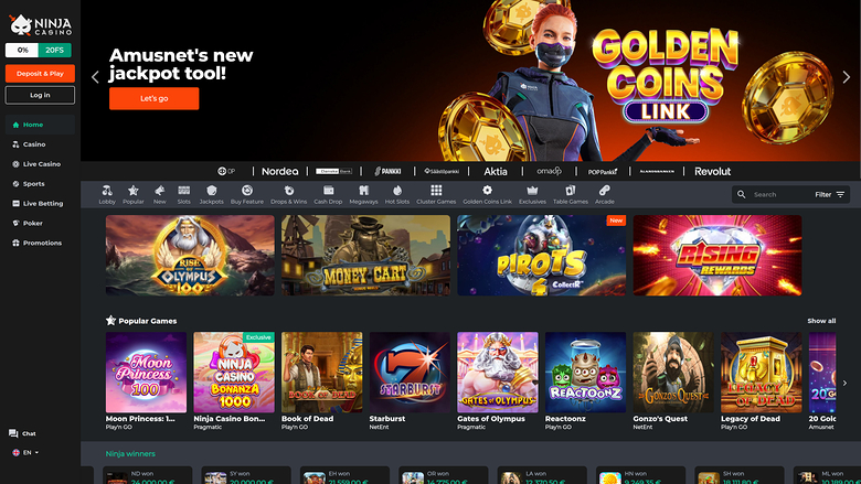 Page d'accueil de Ninja Casino pour ordinateur