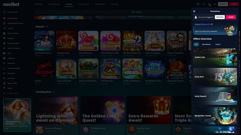 Novibet Casino Desktop-Aktionen