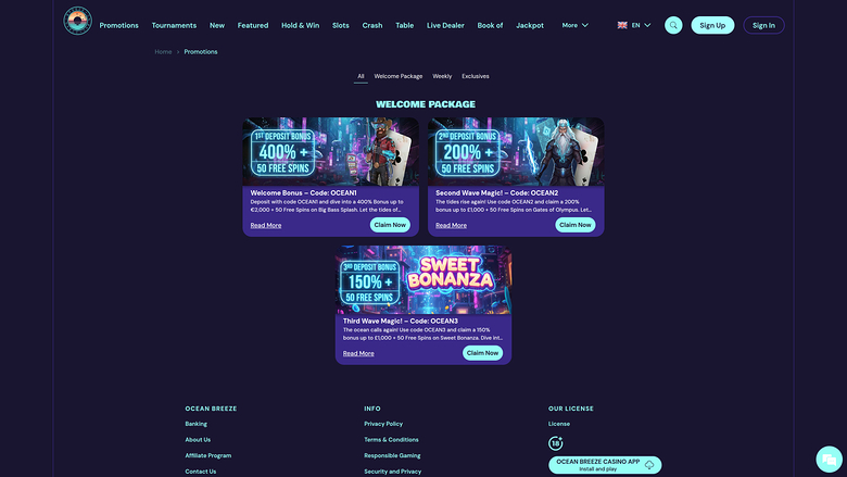 Promotions sur ordinateur du casino Ocean Breeze