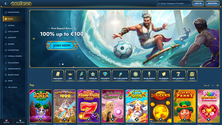 Page d'accueil du casino Oceanspin pour ordinateur
