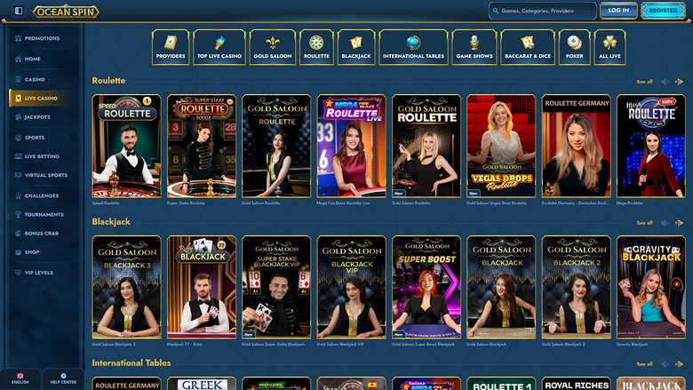 Casino Oceanspin sur ordinateur avec croupier en direct