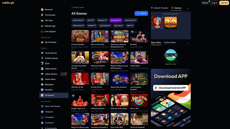 Casino Odds96 sur ordinateur avec croupier en direct