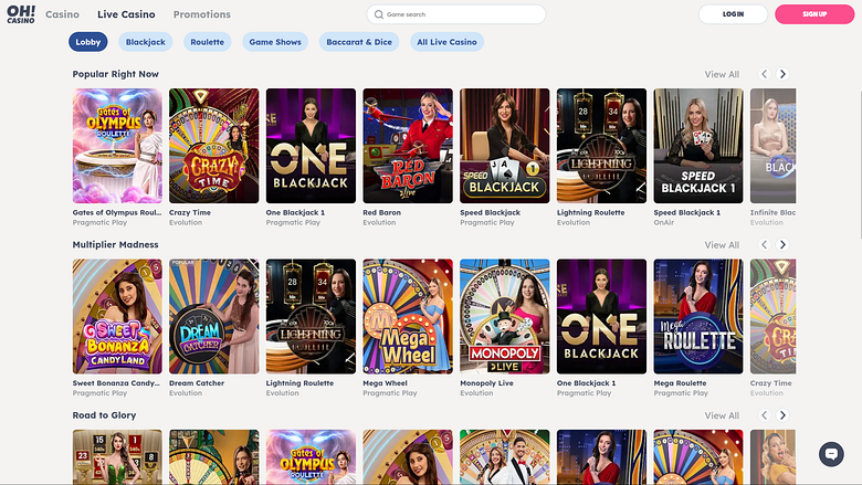Page d'accueil des croupiers en direct d'Oh Casino