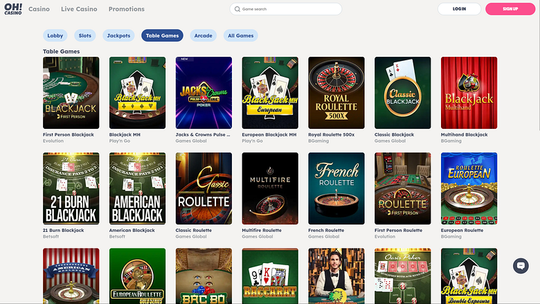 Page d'accueil des jeux de table de casino Oh