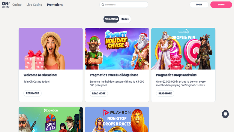 Capture d'écran des promotions de Oh Casino pour ordinateur