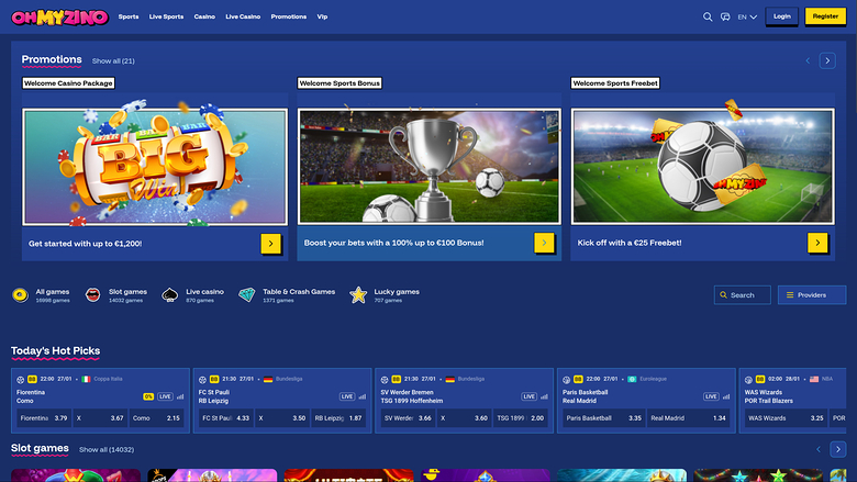 Page d'accueil du casino OhMyZino pour ordinateur