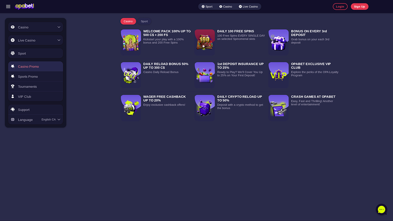 OpaBet Casino Desktop-Aktionen