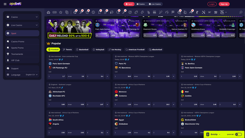 OpaBet Casino Desktop-Sportwetten