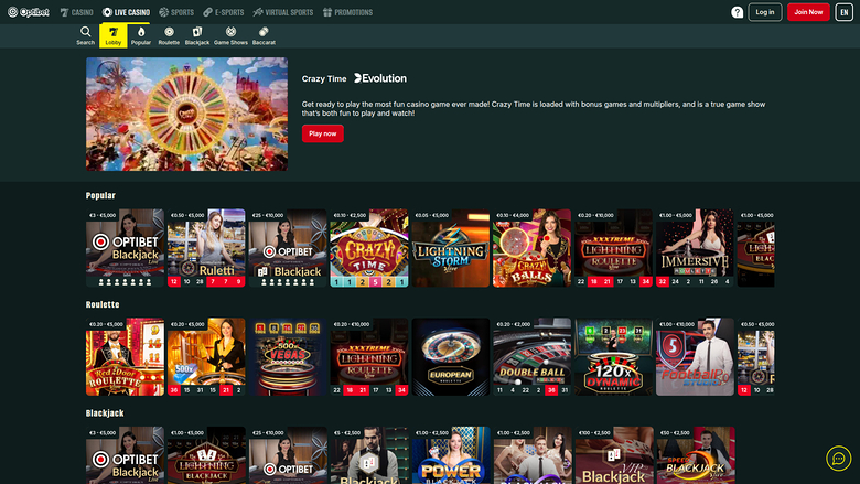 Casino Optibet sur ordinateur avec croupier en direct