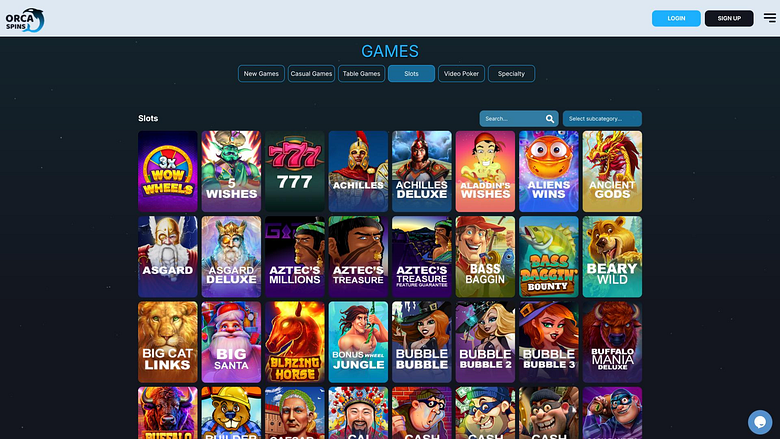 Pagina dei giochi del casinò Orca Spins